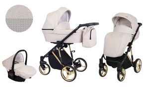 Kinderwagen MOLTO PREMIUM Sportwagen Babywagen Autositz Babyschale Komplettset Kinder Wagen Set 3 in 1 (Creme, Rahmenfarbe: Gold)
