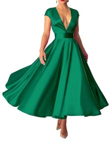 Damen Cocktailkleider V-Ausschnitt Abendkleid Ärmelloses Kleid Elegantes Ballkleid Grün,Größe L