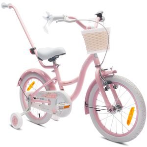 Kolo pro dívku 16 palců 4-6 let kolo s tréninkovými koly tlačné zařízení zvonek košík Flower Bike růžová