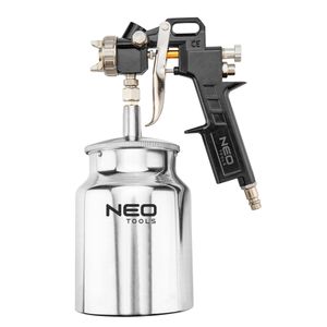 NEO TOOLS Spritzpistole mit Bodenbecher 1,0 l, Düse 1,5 mm, Arbeitsdruck 4 bar, Luftverbrauch 75–230 l/min, Doppelsteuerung