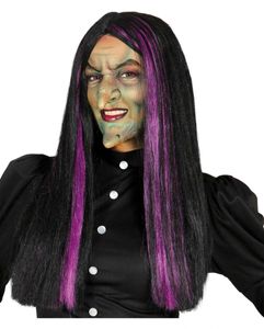 Schwarze Hexenperücke mit lila Strähnen - Halloween Perücke