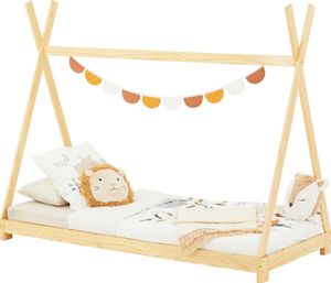 Tipi Bett ELIN aus massiver Kiefer in 90 x 200, Kinder Hausbett mit Dach, modernes Indianer Spielbett für Kinder, natur lackiert