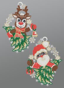 Fensterbilder aus Plauener Spitze - 2er Set Rudolph und Santa  (BxH) 16cm x 21cm, mehrfarbig, Fensterdekoration und Fensterschmuck