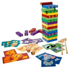 Holz Kinder-Spielzeug Stapelturm ab 3 Jahren; Wackelturm Stapelspiel mit Tier-Motiven; Montessori Lernspielzeug, Turmspiel mit 54 bunten Bauklötzen