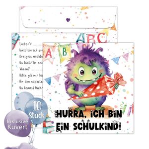 10er Set Einschulung Einladungskarten – Inklusive bedruckte Umschläge – Süßes Monster Design – Einladung Einschulung Junge und Mädchen