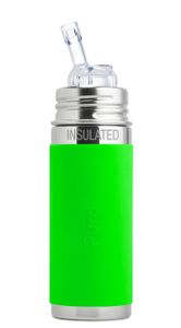 Pura Kiki Isolierflasche mit Strohhalm, Edelstahl mit Silikonhülle Sleeve, 250 ml Grün