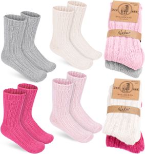 BRUBAKER 4 páry dětských vlněných ponožek - Teplé zimní ponožky pro chlapce a dívky - Zimní dětské ponožky, růžovo-béžové, šedé a růžové, velikost 27-30