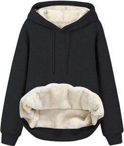 ASKSA Damen Fleece Kapuzenpullover Plüsch Sweatshirt Oversized Oberteil mit Taschen, Schwarz,XXL