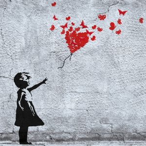Mädchen Poster Kunstdruck - Mädchen Mit Luftballon Und Schmetterlingen, Banksy-Style (100 x 100 cm)