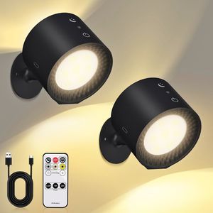 2 Stück LED Wandleuchten Wandlampen mit Fernbedienung und Touch-Steuerung kabellose Wandleucht 360° drehbare Leselampen schwarz