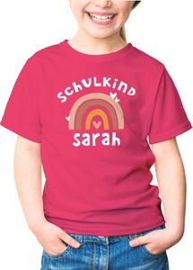 Kinder Mädchen T-Shirt Einschulung mit Namen Regenbogen Aufdruck Schulkind personalisiert Schulanfang Moonworks® pink 122-128 (7-8 Jahre)