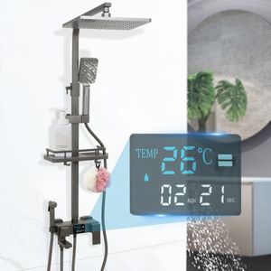 Duschsystem mit Digital-Anzeige Regendusche Duscharmatur Handbrause Duschset 73cm-116cm höhenverstellbar (grau)