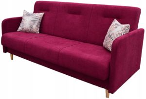 Schlafsofa FUMBA, Sofa mit Schlaffunktion und Bettkasten, Klappsofa, Schlafcouch mit Füßen aus Naturholz,Couch in Veloursstoff, Frabe: Bordeaux