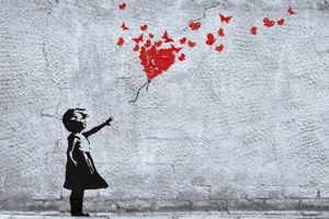 Mädchen Poster Kunstdruck - Mädchen Mit Luftballon Und Schmetterlingen, Banksy-Style (80 x 120 cm)
