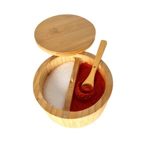 WAOHO Salzstreuer, Gewürzdose, Gewürzgläser，Gewürzdose aus Bambus mit Löffel, 2 Fächer mit drehbarem Magnetdeckel für Küchengewürze, Kräuter, Paprika oder Kleinteile