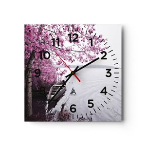 Wanduhr - Quadrat - Glasuhr - See Rosa Bäume - 30x30cm - Schleichendes Uhrwerk - Lautlos - zum Aufhängen bereit - Dekoration Modern - Wanddekoration aus Glas - C4AC30x30-4147
