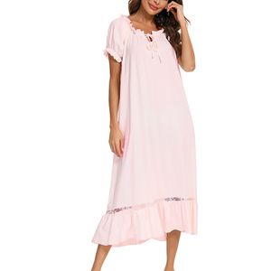 Damen Nachthemden Home Pyjama Schnürung Nachthemd Kurzarm Langes Schlafkleid Badezimmer Rosa,Größe:2xl