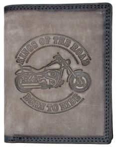 Šedá peňaženka z pravej kože Drive or Die s RFID (ochrana údajov) - reliéf na motorke