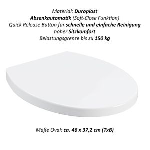 WELLGRO WC-Deckel Duroplast mit Absenkautomatik einfache Reinigung durch Quick Release Button Belastung bis 150kg Toilettendeckel Klobrille WC-Brille, Form:Oval