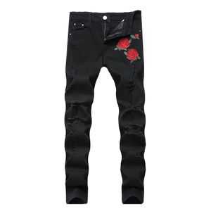 Herren Rose Ripped Hole Jeans Skinny Slim Fit Denim Hose Destroyed Ausgefranste Hose,Farbe: Schwarz,Größe:34