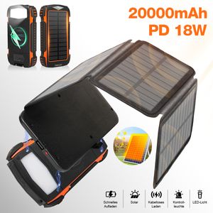 7MAGIC Solar Powerbank, 20000mAh Solar Ladegerät mit 3 Ausgangsport & 3 Eingangsport, Outdoor Powerbank mit 4 Solarpanels und Taschenlampe für Smartphones, Tablets (Schwarz/Orange)