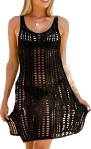 ASKSA Dámské pletené plážové šaty y výstřih do V Letní plážové pončo Dovolená Plavky Bikiny Cover Up, černá, M