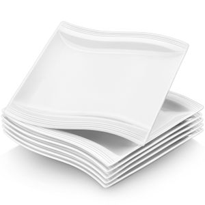 MALACASA, série Flora, 6dílná sada krémově bílých porcelánových plochých talířů talíř 10 palců / 26x26x1,6 cm pro 6 osob