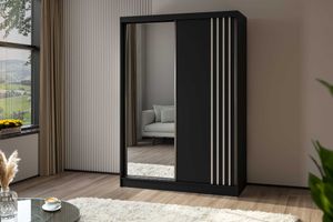 AGMAT Schwebetürenschrank Lugo, Kleiderschrank mit 2 Türen und Spiegel, Moderne Garderobe in Farbe: Schwarz / Schwarz, Schrank in Größe: 150 x 216 x 61 cm