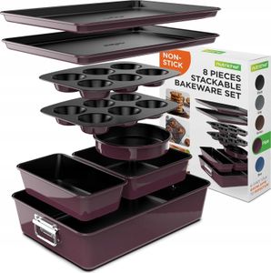 NutriChef Kuchenformen Set - 8-teiliges Stapelbares Antihaft Backformen Set - PFOA, PFOS, PTFE Frei, Ofensicher bis 232°C - Runde Kuchenform