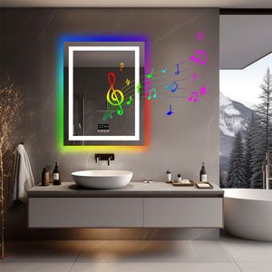 WISFOR LED Badspiegel mit Bluetooth Lautsprecher, 70×90cm RGB Wandspiegel Badezimmerspiegel mit Beleuchtung dimmbar Beschlagfrei Touchschalter