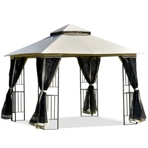 Outsunny Gartenpavillon mit Doppeldach Pavillon Gartenzelt Festzelt Partyzelt mit 4 x Seitenwand Metall+Polyester Beige 2,99 x 2,99 x 2,74 m