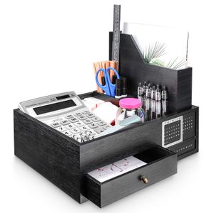 Seelux Schreibtisch Organizer aus Holz, Schwarz, Aufbewahrungsbox, Stifthalter, Briefablage Schrein Set mit Kalender für Visitenkarten, Stifte, Handy,