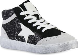 VAN HILL Damen Sneaker High Schnürer Glitzer Freizeit Schnür-Schuhe 841577, Farbe: Schwarz, Größe: 39