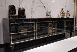 Casa Padrino Luxus Art Deco TV Schrank Schwarz / Gold - Handgefertigtes Massivholz Sideboard - Luxus Art Deco Wohnzimmer & Hotel Möbel