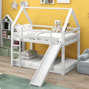 Merax Etagenbett 90x200 cm Kinderbett mit Rutsche und Leiter, 2 Einzelbetten Hochbett für Kinder, Kiefernholzbett, Weiß