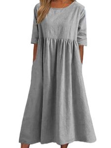 Damen Sommerkleider mit Tasche Midikleid Baumwolle Swing Kleider Freizeitkleider Hell Grau,Größe 5XL