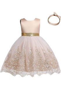 Kinder Mädchen Abendkleid Mit Spitzenstickerei,Partykleid,Kleid & Haarband,Prinzessin Kleid,Champagner,Gr.90