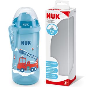 NUK First Choice+ Flexi Cup Trinklernflasche | ab 12 Monaten | auslaufsicher mit Trinkhalm | Clip und Schutzkappe | BPA-frei | 300 ml | Feuerwehrauto (blau)