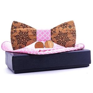 Dřevěný motýlek s kapesníkem a manžetovými knoflíčky-Hnědá/Růžová KP30460