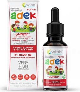 WISH Pharmaceutical ADEK Junior FORTE -Vitamín D3 K2 Vitamín A Vitamín E- Vysoce dávkovaný - Doplněk stravy ve formě kapek pro děti - 30ml