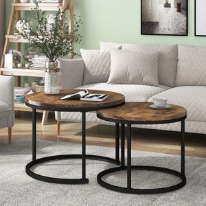 Merax Couchtisch 2er Set Rund Wohnzimmertisch mit 1,5 cm Platte und Schwarz Metallbeine, Beistelltisch Kaffeetisch aus Holz, Braun