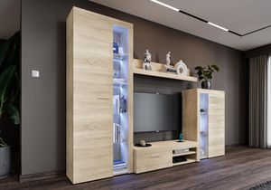 Aktion SALE!!! FURNIX Mediawand RODAY Wohnwand Wohnzimmer-Schrank mit LED, TV Lowboard, Vitrine, Highboard, Regal 4-tlg. 270 cm breit modern Eiche Sonoma