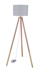 SalesFever Stehleuchte dreibeiniges Stativ | Textil-Lampenschirm | Gestell Eichenholz | B 65 x T 65 x H 154 cm | kupfer