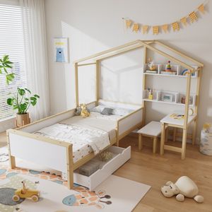 Hausbett mit Lattenrost, Schreibtisch und Aufbewahrung, 90x200 cm, Kinderbett, Einzelbett, Kiefer