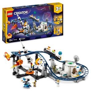 LEGO 31142 Creator 3-in-1 Weltraum-Achterbahn, Bausatz einer Spielzeug-Kirmes mit funktionierenden Wägen, umbaubar in frei fallenden Fallturm oder Karussell mit Raketen und leuchtenden Steinen