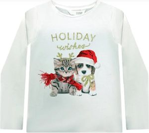 Weihnachtsshirt - Langarm - Kinder - Weihnachtswünsche Katze und Hund - Weiß - Größe 122/128