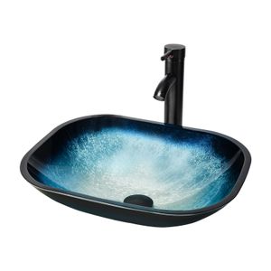 Puluomis Waschbecken Glas Aufsatzwaschbecken Waschschale Reckig mit Wasserhahn Ablaufgarnitur Schwarz Blau