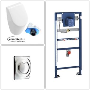 VILLEROY & BOCH SUBWAY Urinal mit CeramicPlus Beschichtung + SoftClose Deckel & GROHE Vorwandgestell + Betätigungsplatte, chrom