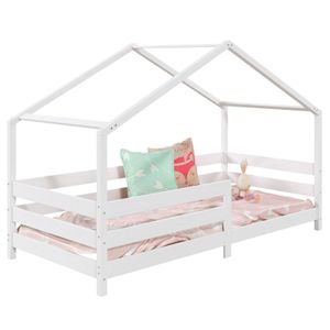 Hausbett RENA aus massiver Kiefer in weiß, schönes Montessori Bett mit Rausfallschutz, stabiles Kinderbett in 90 x 200 cm