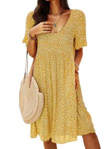 Damen Sommerkleid Kleider Blumendruck Midikleid Kurzarm A-Linie Kleid Strandkleid Gelb,Größe M